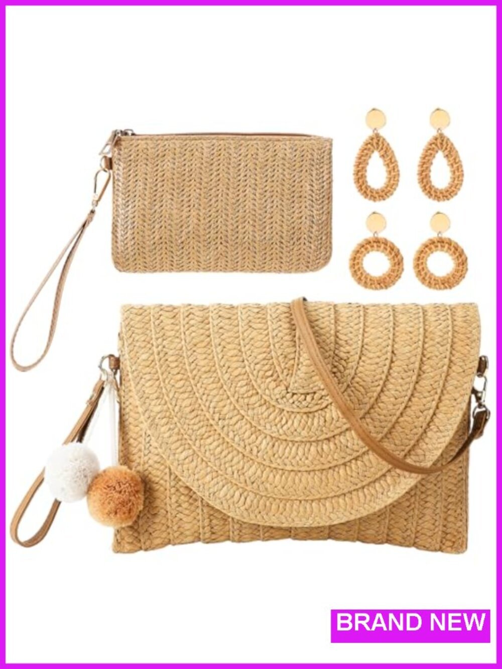 Straw Crossbody Bag with Coin Purse and 2 Pairs Rattan Earrings for Summer Beach